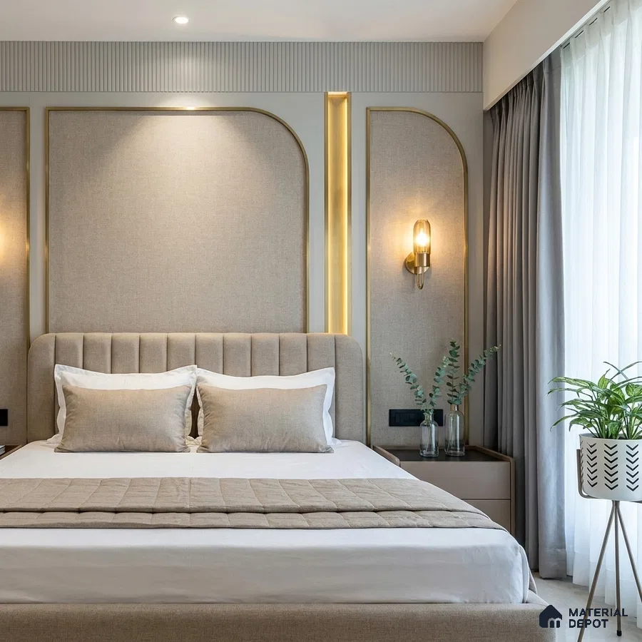 Modern bedroom with beige fabric panel headboard, gold accent trims, and neutral palette