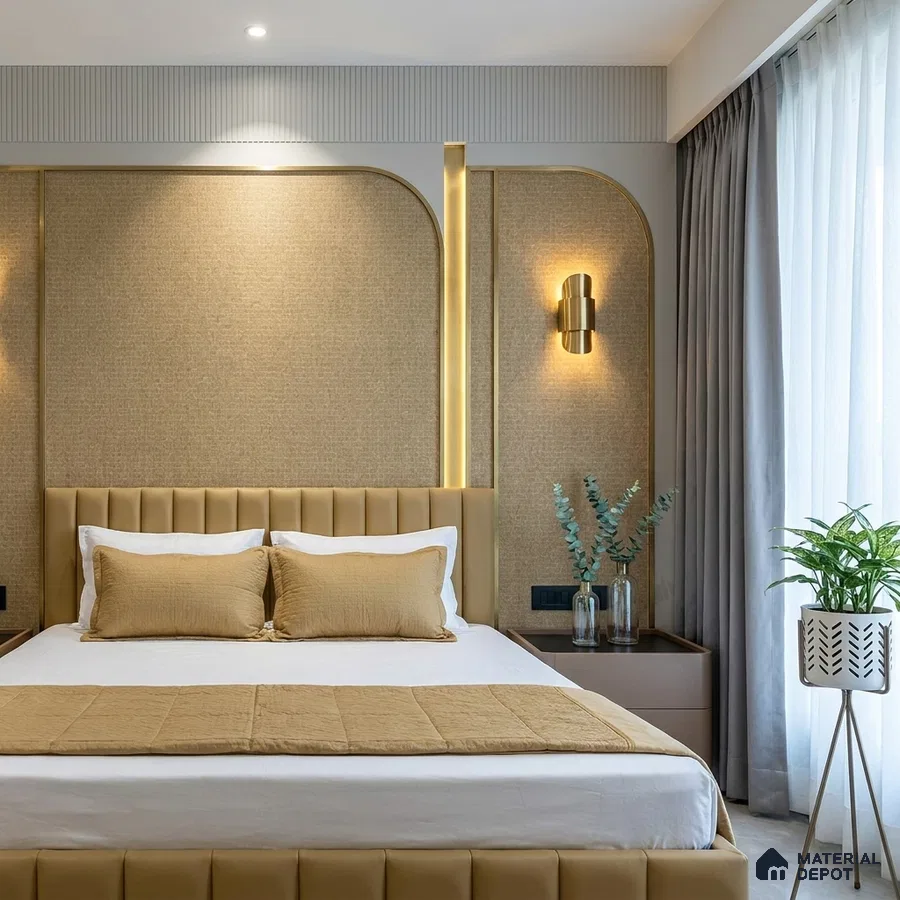 Modern bedroom with beige suede upholstered bed, textured beige wall panels, and gold accent lighting