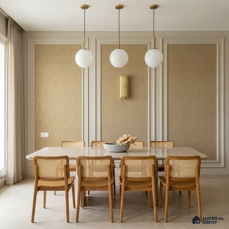 Scandinavian dining room with beige textured wallpaper, natural wood chairs, and cream stone tabletop