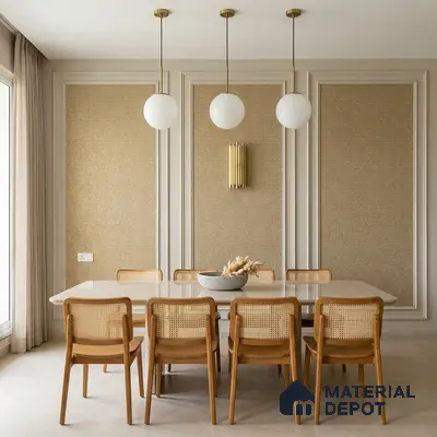 Scandinavian dining room with beige textured wallpaper, natural wood chairs, and cream stone tabletop