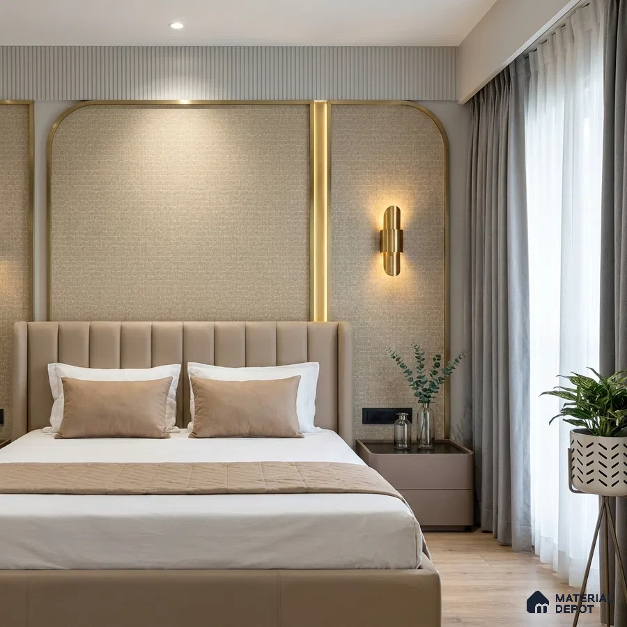 Modern bedroom with beige suede upholstered bed, textured wallpaper, and gold accent wall panels