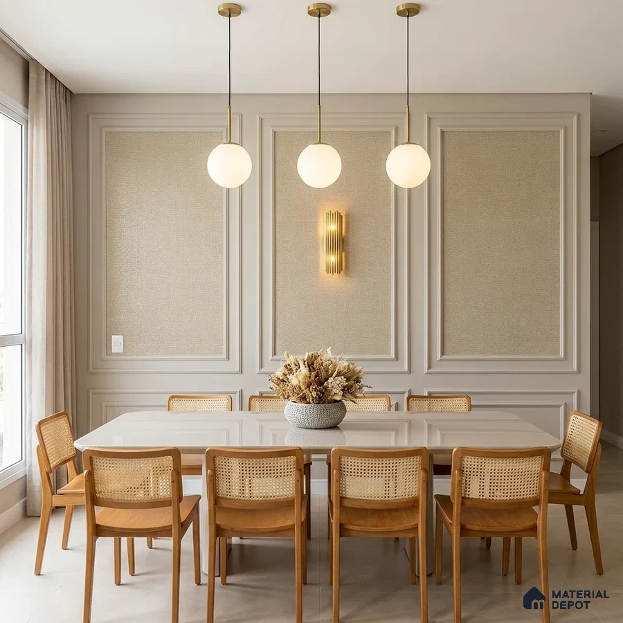 Scandinavian dining room with beige wall panels, light wood cane chairs, and glossy white dining table