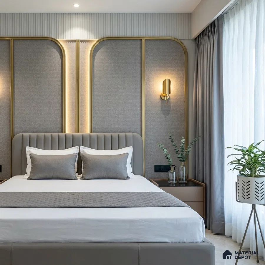 Modern bedroom with grey upholstered bed, fabric wall panels, and gold accent trims