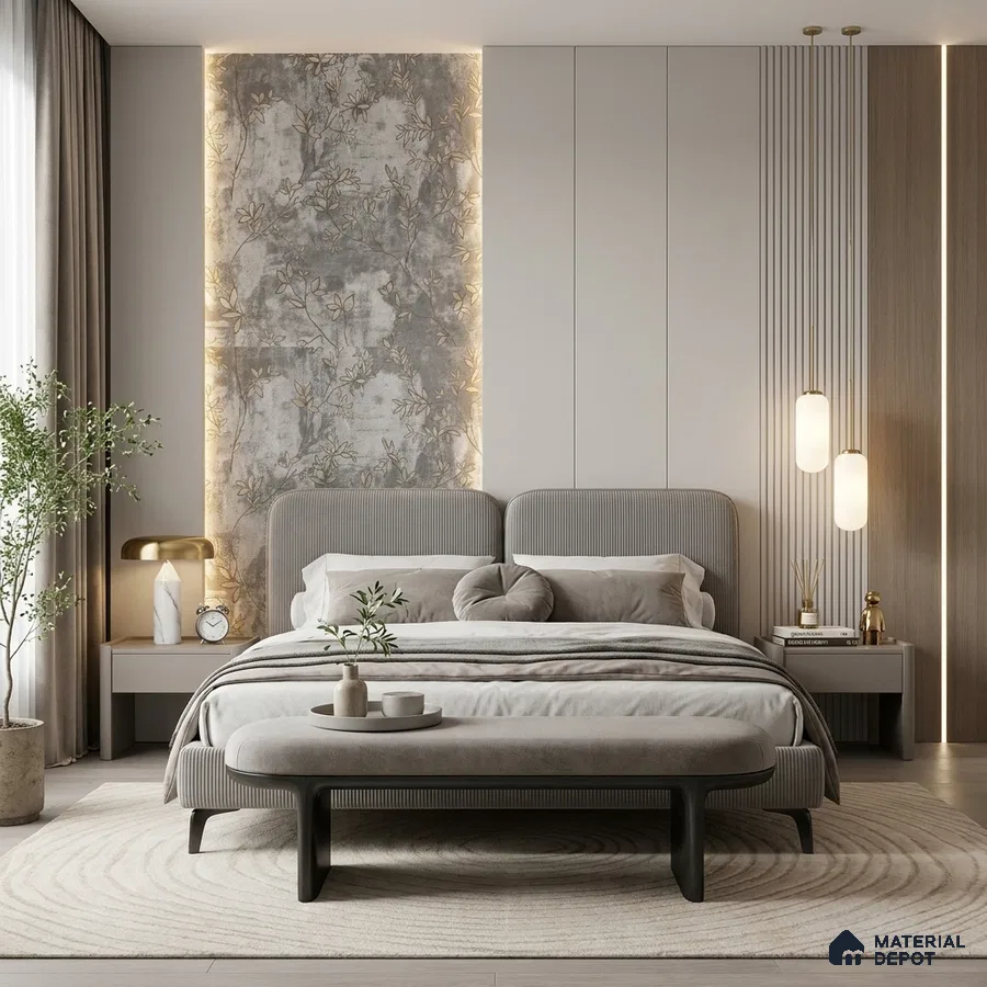 Japandi bedroom with suede upholstered bed, floral wallpaper accent, and light oak wall panels