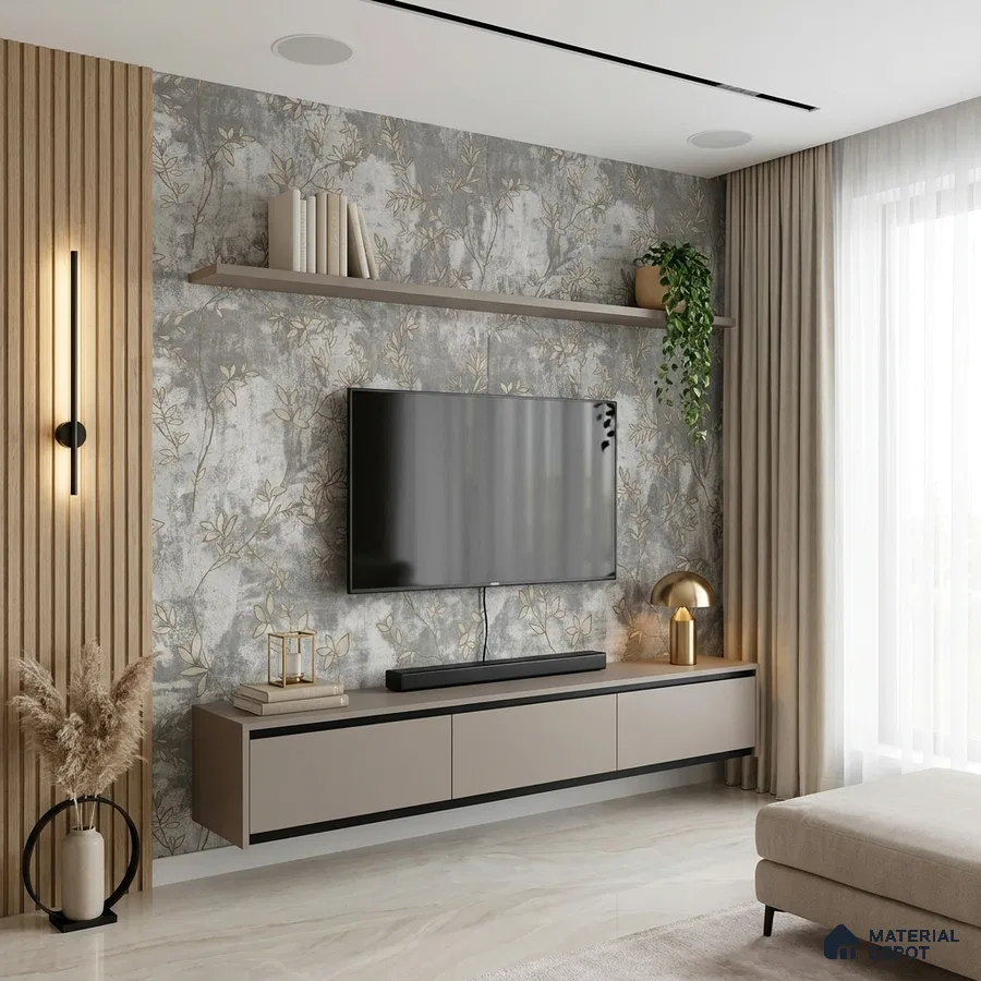 Modern living room with floral wallpaper, beige floating TV unit, and light wood fluted wall panels