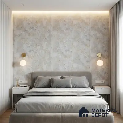 Minimalist bedroom with textured grey wallpaper, suede upholstered bed, and light wood flooring