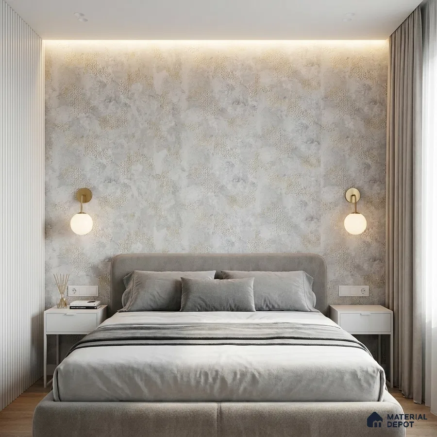 Minimalist bedroom with textured grey wallpaper, suede upholstered bed, and light wood flooring