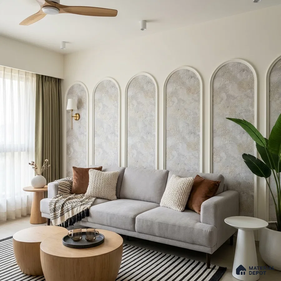 Scandinavian living room with textured wallpaper panels, light wood tables, and neutral fabric sofa