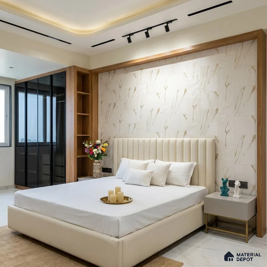 Modern bedroom with beige suede upholstered bed, wood frame, and abstract patterned wallpaper accent wall