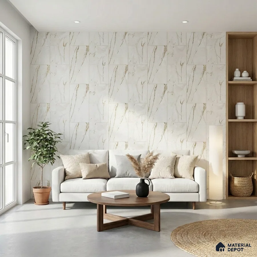 Scandinavian living room with beige patterned wallpaper, light wood shelving, and neutral fabric sofa