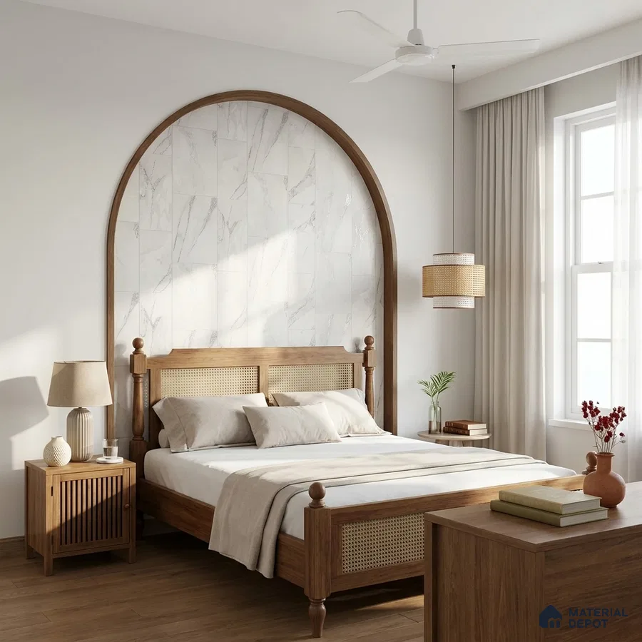 Scandinavian bedroom with natural wood furniture, marble-look arch accent wall, and wooden flooring