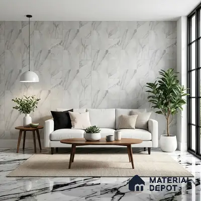 Modern living room with white marble wall tiles and black vein marble floor tiles