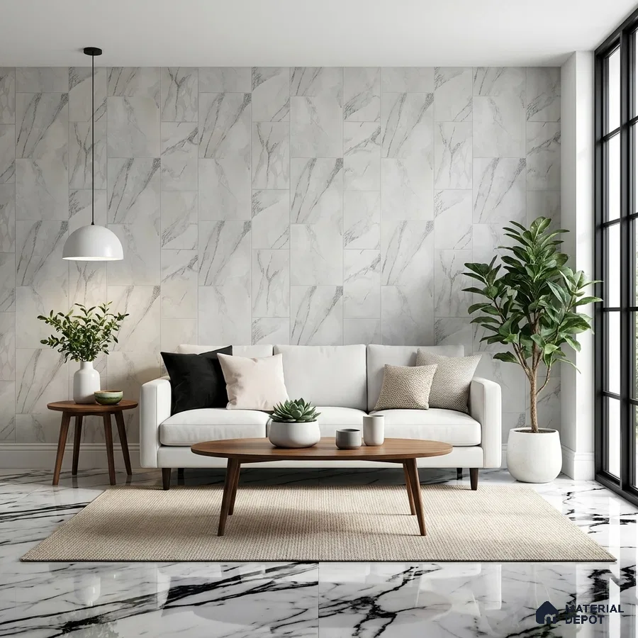 Modern living room with white marble wall tiles and black vein marble floor tiles