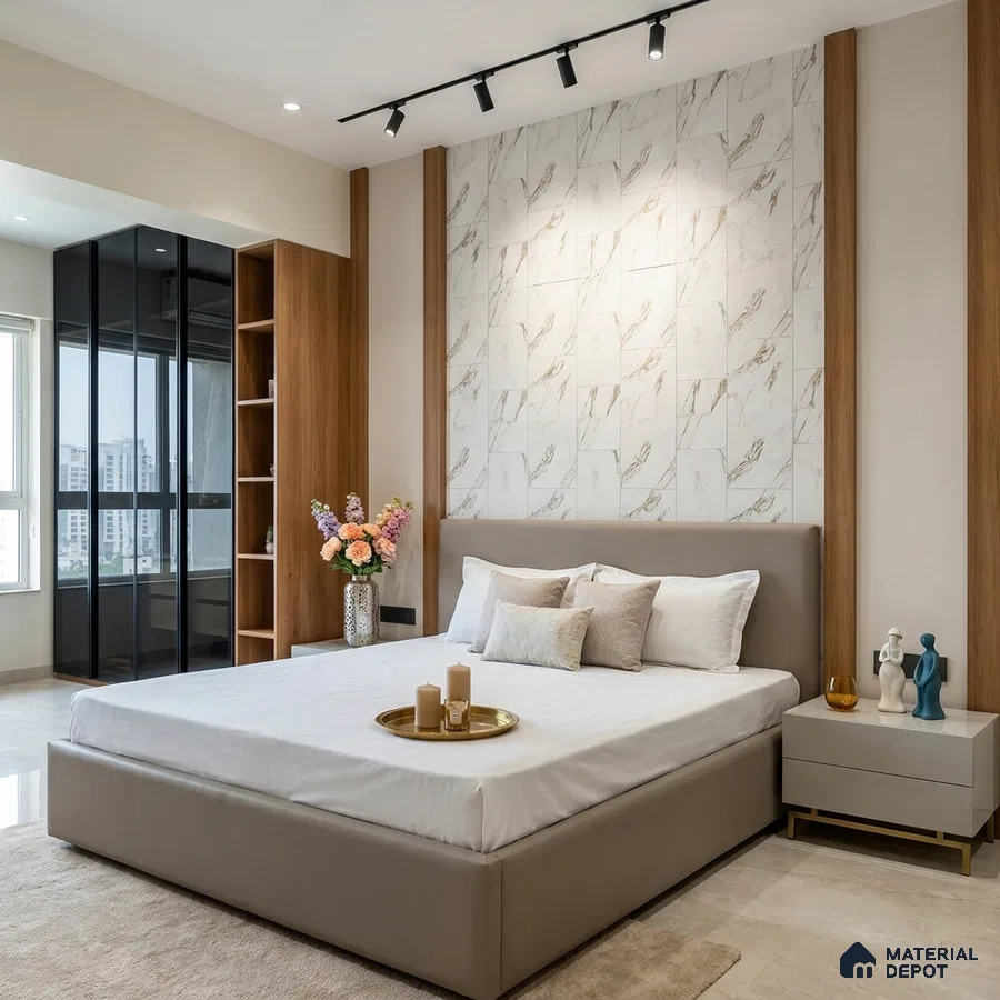 Modern bedroom with marble-look accent wall tiles and walnut wood laminate wardrobe