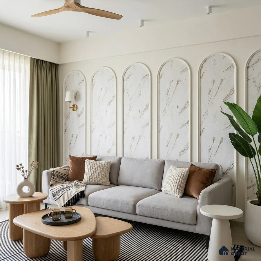 Scandinavian living room with marble-look wall panels and light oak coffee tables