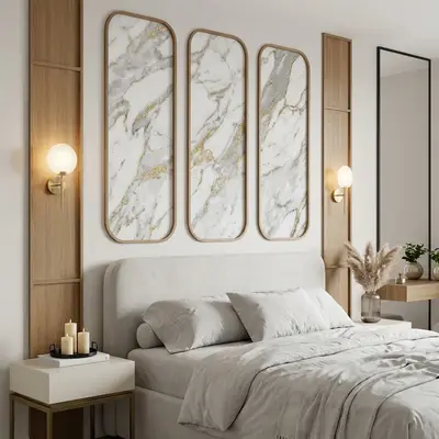 Modern bedroom with white marble-look wall panels and light oak laminate accents