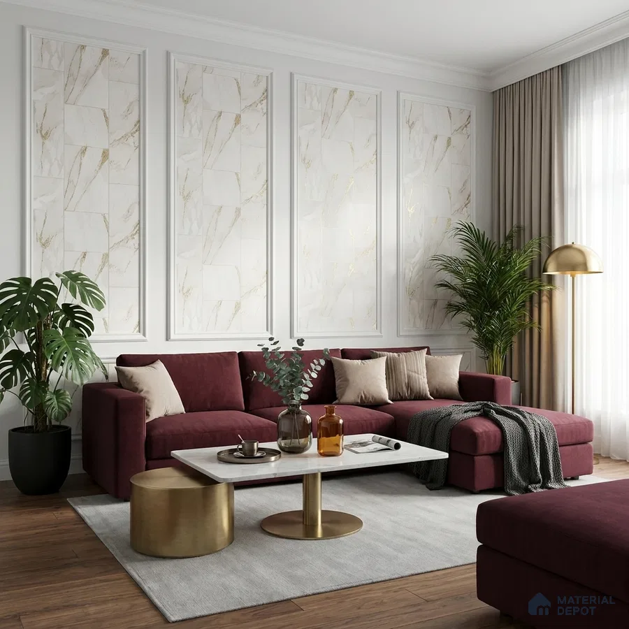 Modern living room with burgundy suede sofa, white marble accent wall panels, and wooden flooring