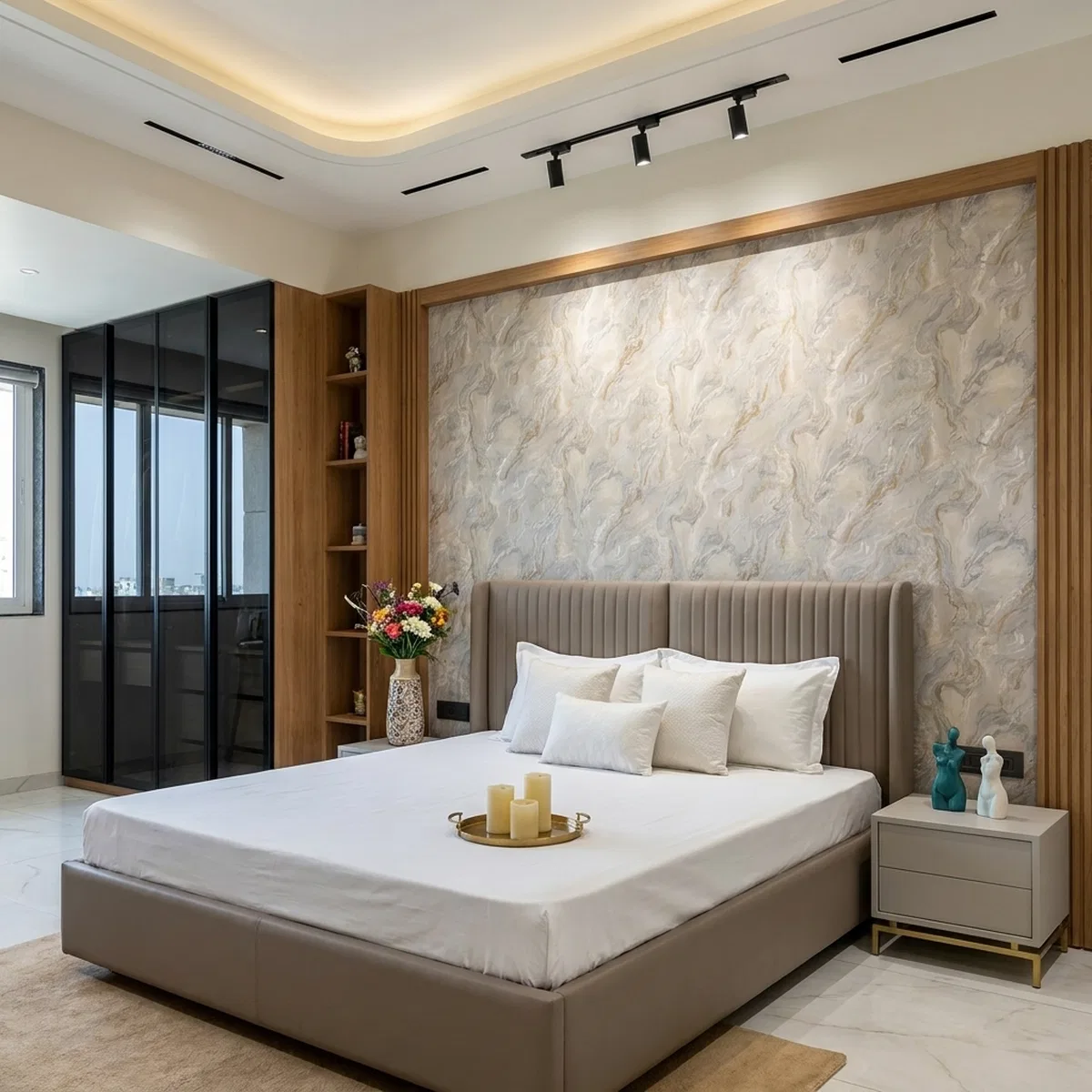 Modern bedroom with marble-look wallpaper accent wall and oak wood ...