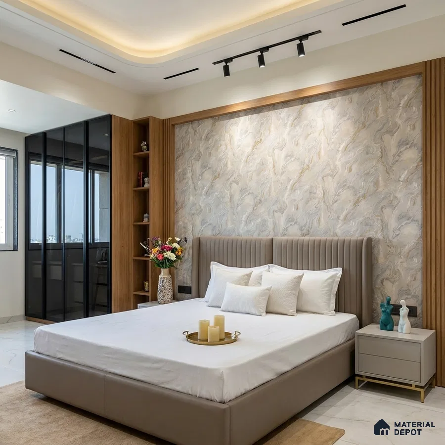 Modern bedroom with marble-look wallpaper accent wall and oak wood louver panels