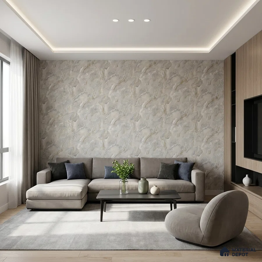 Modern living room with marble-effect wallpaper, beige fabric sofa, and light oak laminate TV unit