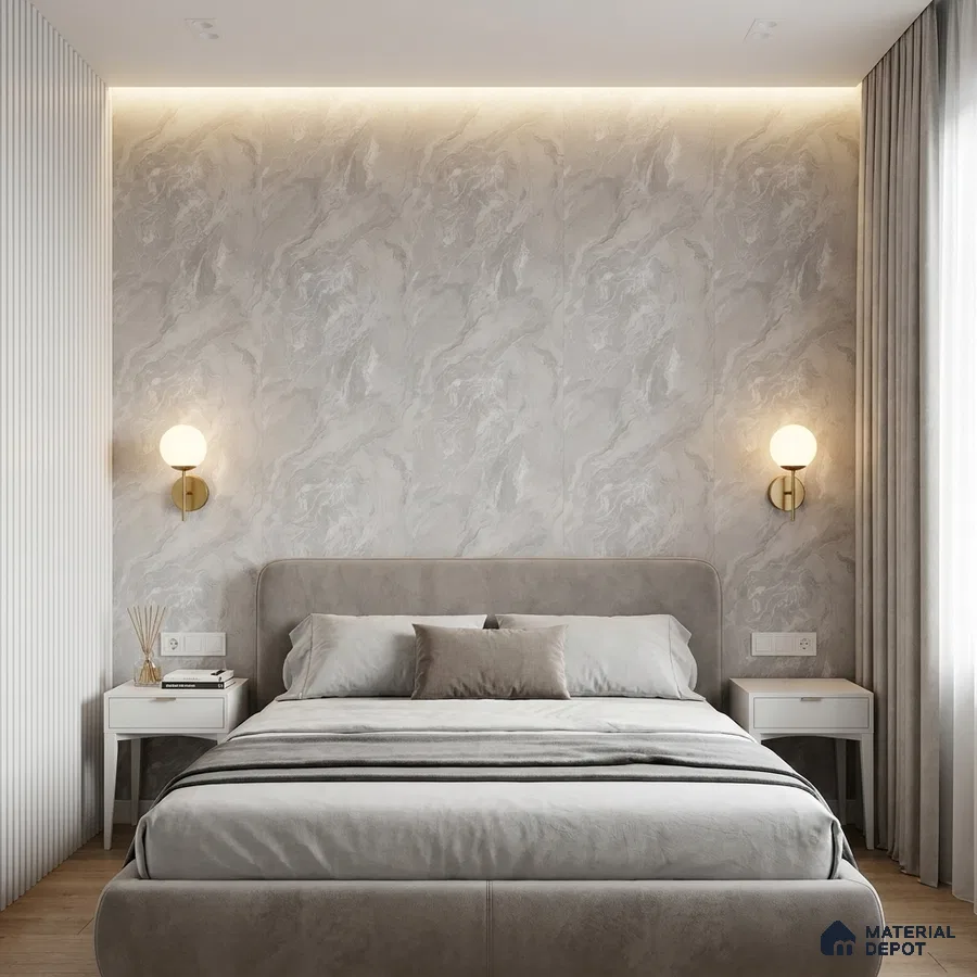 Minimalist bedroom with grey marble-look wallpaper and suede upholstered bed