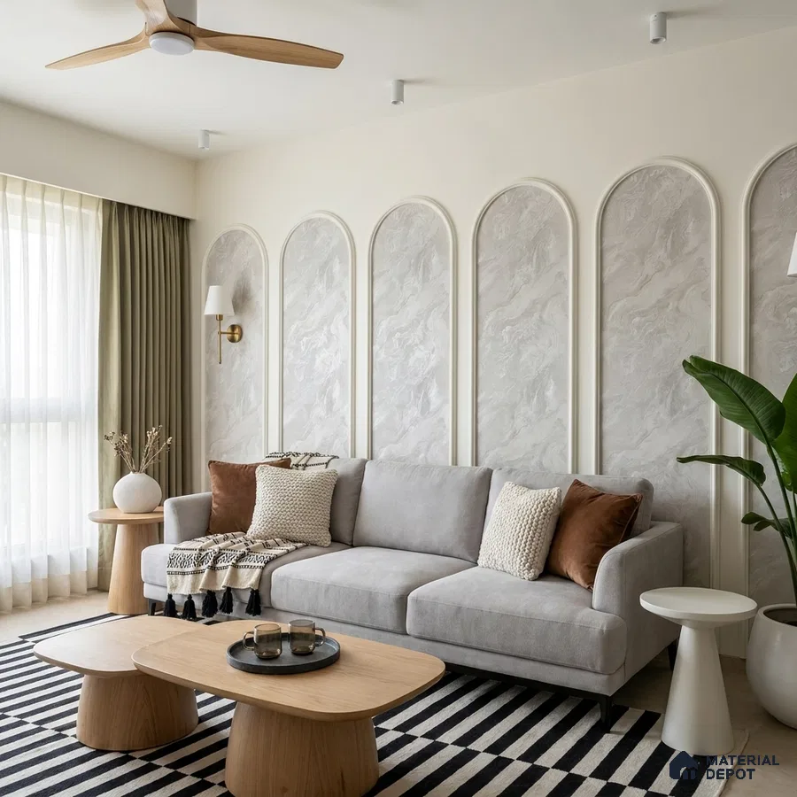 Scandinavian living room with marble-look wall panels and light oak wood tables