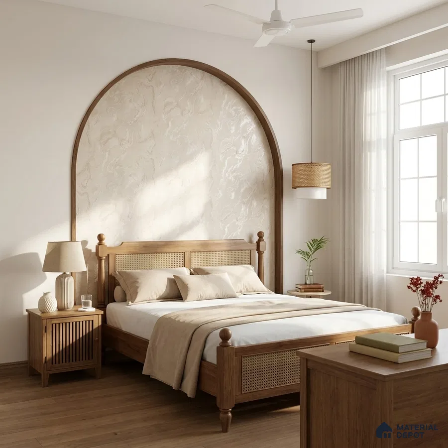 Scandinavian bedroom with natural oak wood furniture and beige marble textured accent wall