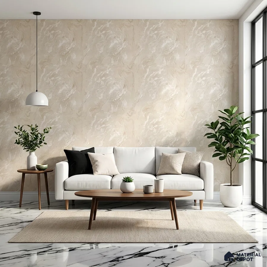 Scandinavian living room with beige marble wallpaper and white marble floor tile