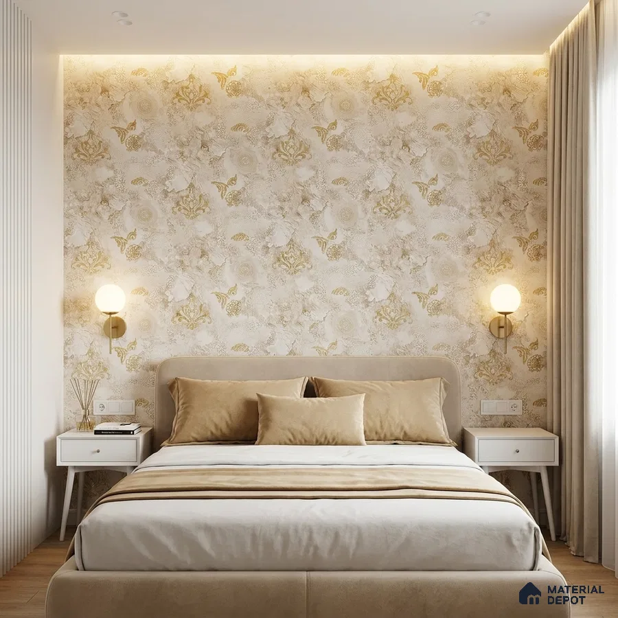 Modern bedroom with beige floral wallpaper, suede upholstered bed, and warm neutral palette