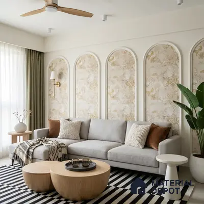 Scandinavian living room with floral wallpaper panels and light oak coffee tables