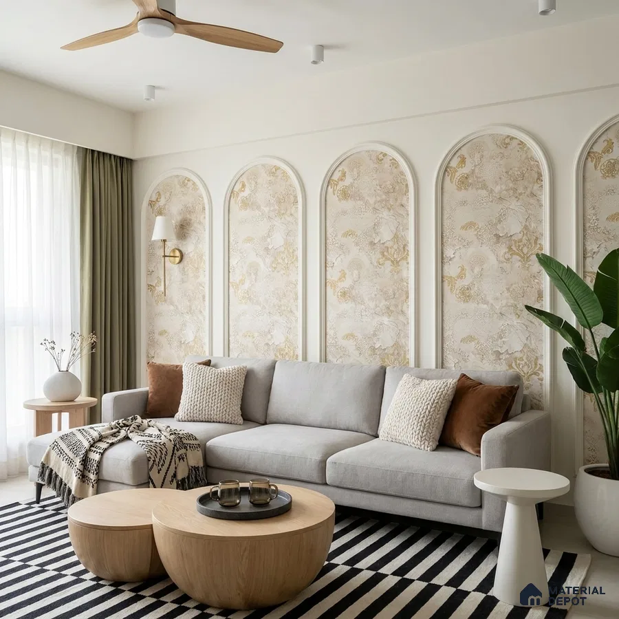 Scandinavian living room with floral wallpaper panels and light oak coffee tables