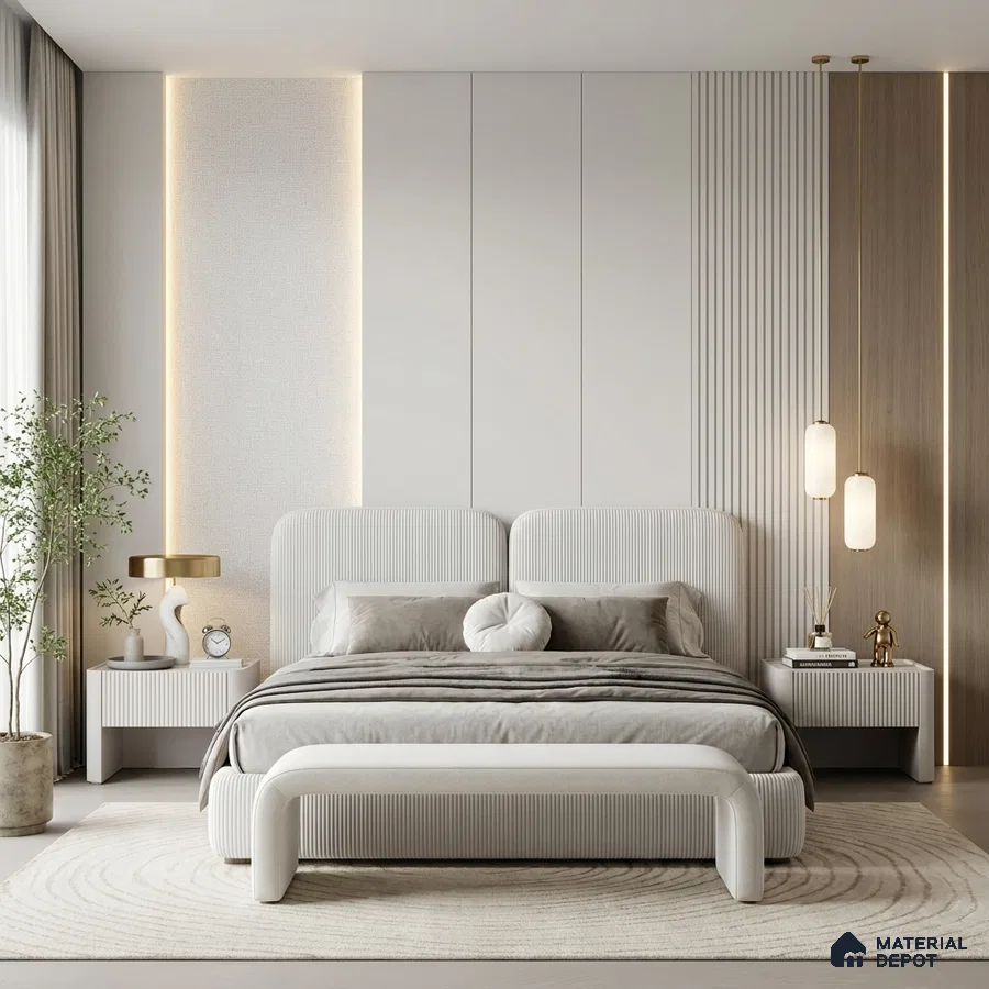 Minimalist bedroom with fluted white panels, light wood accent wall, and suede upholstered bed
