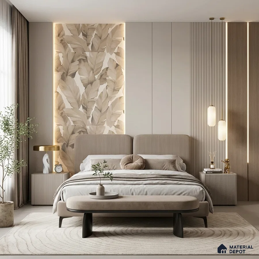 Japandi bedroom with beige floral wallpaper, fluted panels, and neutral suede upholstery