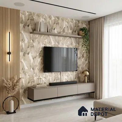 Modern living room with beige leaf patterned wallpaper, wooden fluted panels, and floating taupe TV unit