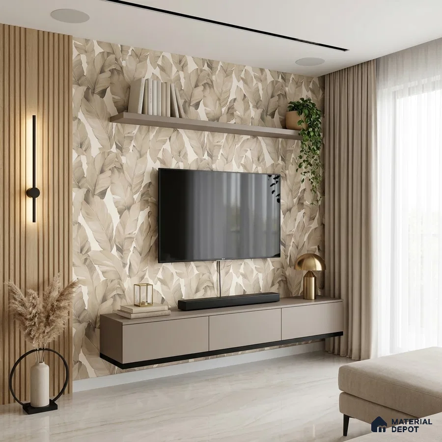 Modern living room with beige leaf patterned wallpaper, wooden fluted panels, and floating taupe TV unit