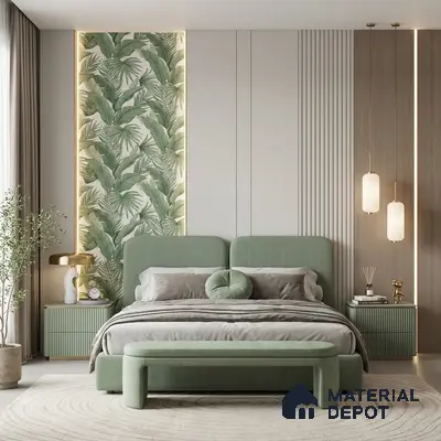 Modern bedroom with sage green fluted upholstery, tropical wallpaper, and wood panel accent wall
