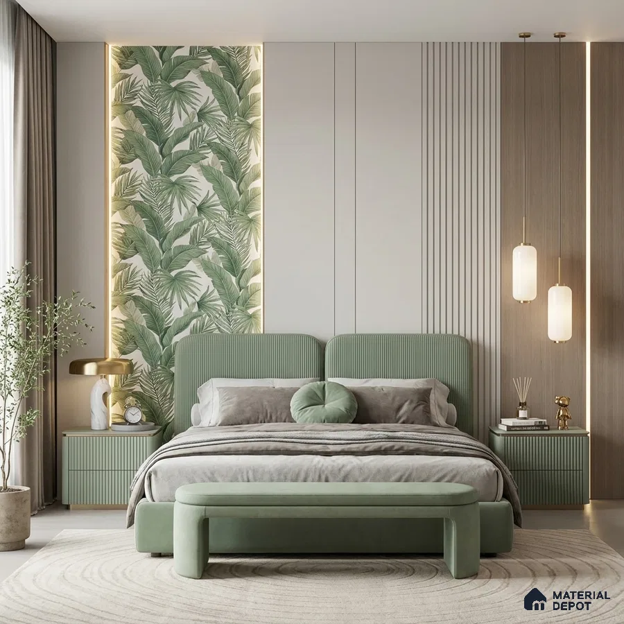 Modern bedroom with sage green fluted upholstery, tropical wallpaper, and wood panel accent wall