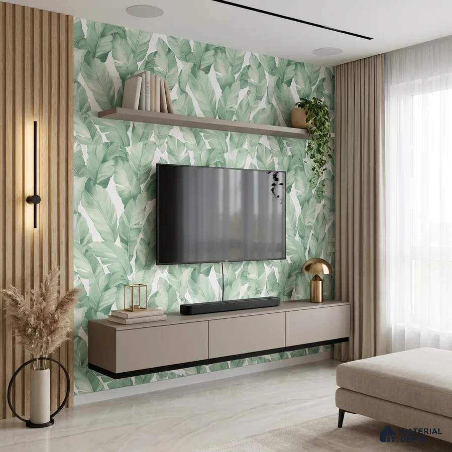 Modern living room with tropical leaf wallpaper, beige floating TV unit, and wood louver panels