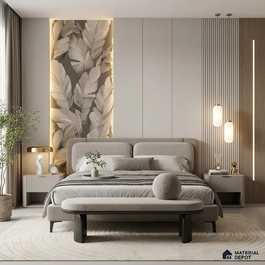 Japandi bedroom with suede upholstered bed, neutral floral wallpaper, and fluted wood wall panels