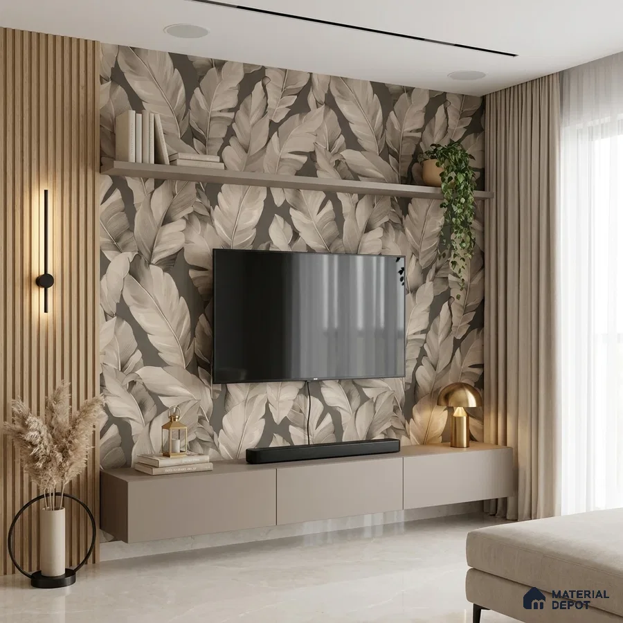 Modern living room with beige floral wallpaper, taupe floating TV unit, and vertical wood slat panels