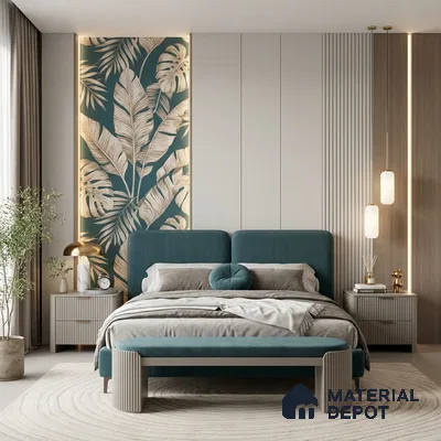 Modern bedroom with teal tropical wallpaper, fluted wall panels, and suede upholstered bed