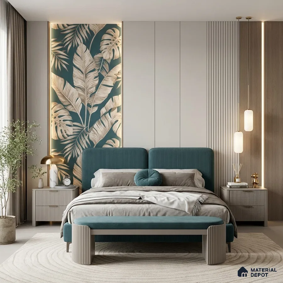 Modern bedroom with teal tropical wallpaper, fluted wall panels, and suede upholstered bed