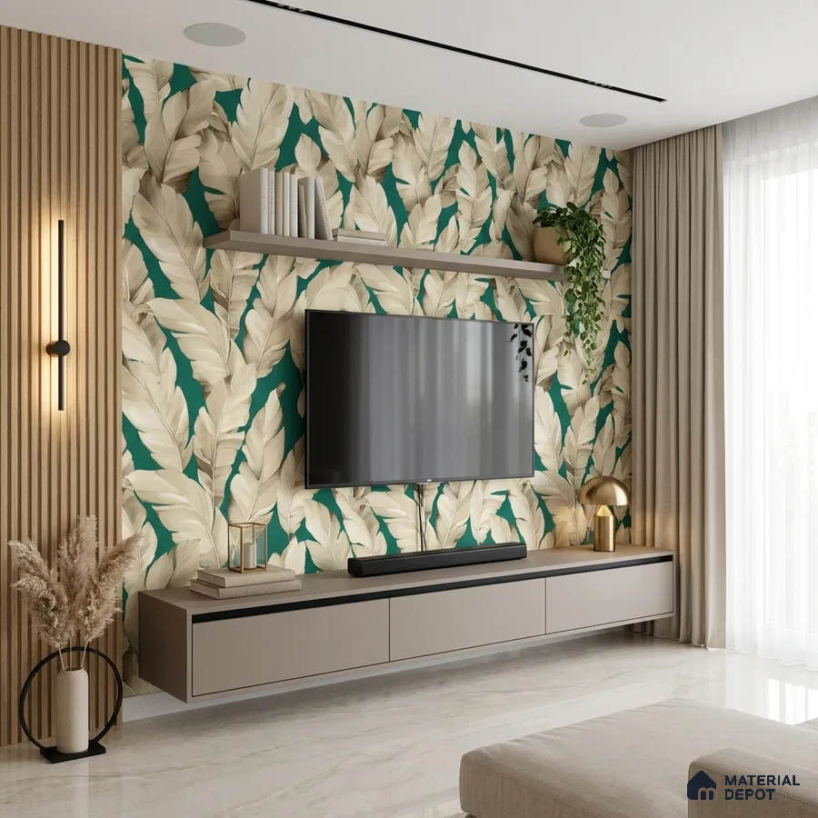 Modern living room with tropical leaf wallpaper, beige floating TV unit, and marble floor tile