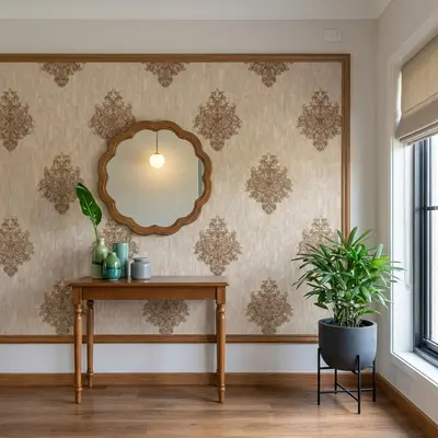 Traditional foyer with damask patterned wallpaper, oak wood console, and wooden flooring