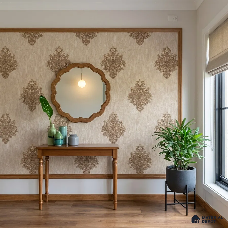 Traditional foyer with damask patterned wallpaper, oak wood console, and wooden flooring