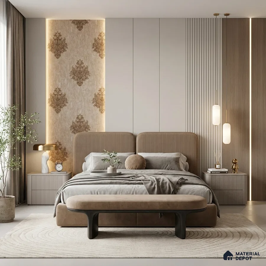 Modern bedroom with beige damask wallpaper, fluted panels, and taupe suede upholstered bed