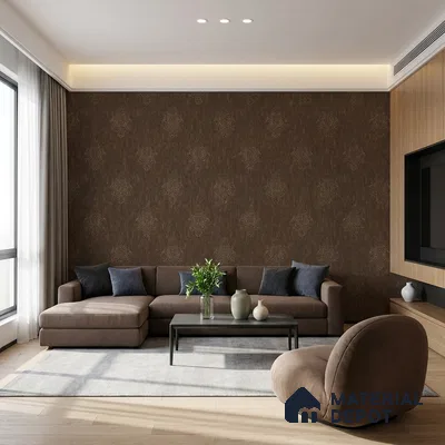 Modern living room with brown damask wallpaper, taupe suede sofa, and light oak wooden flooring