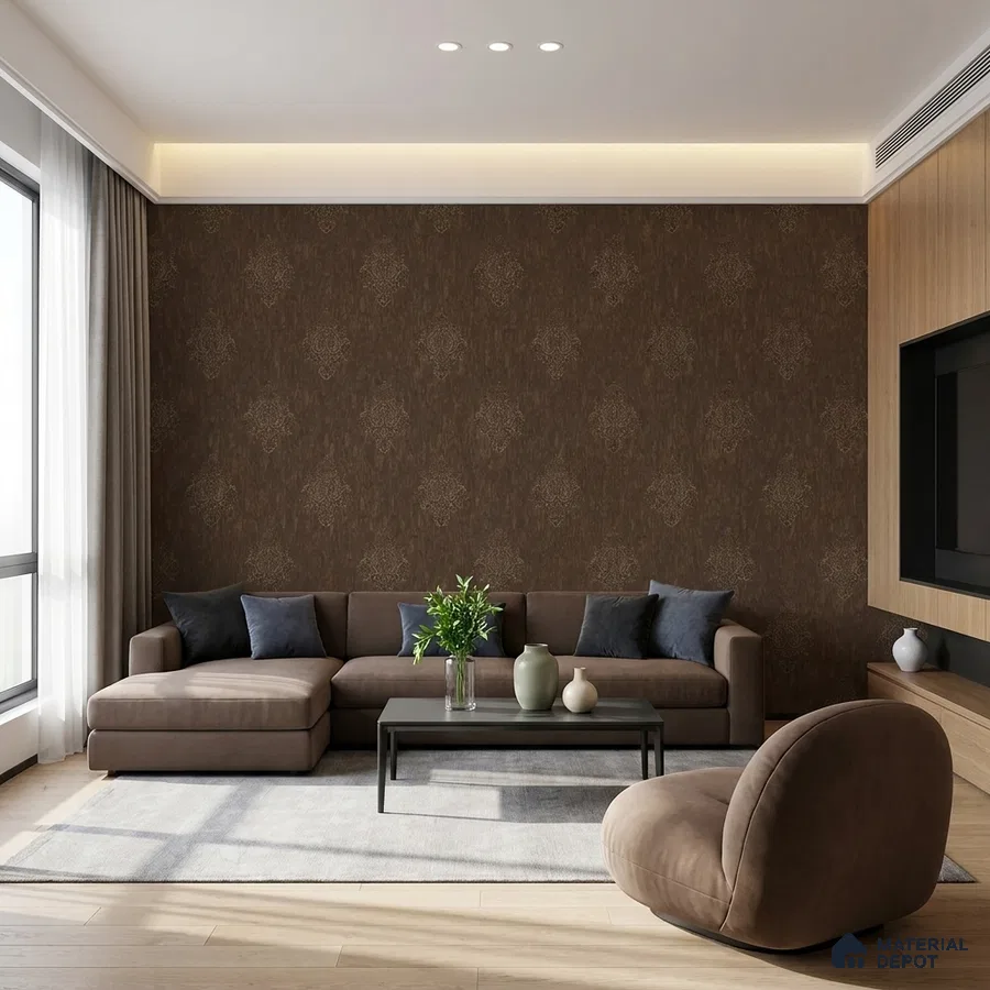 Modern living room with brown damask wallpaper, taupe suede sofa, and light oak wooden flooring