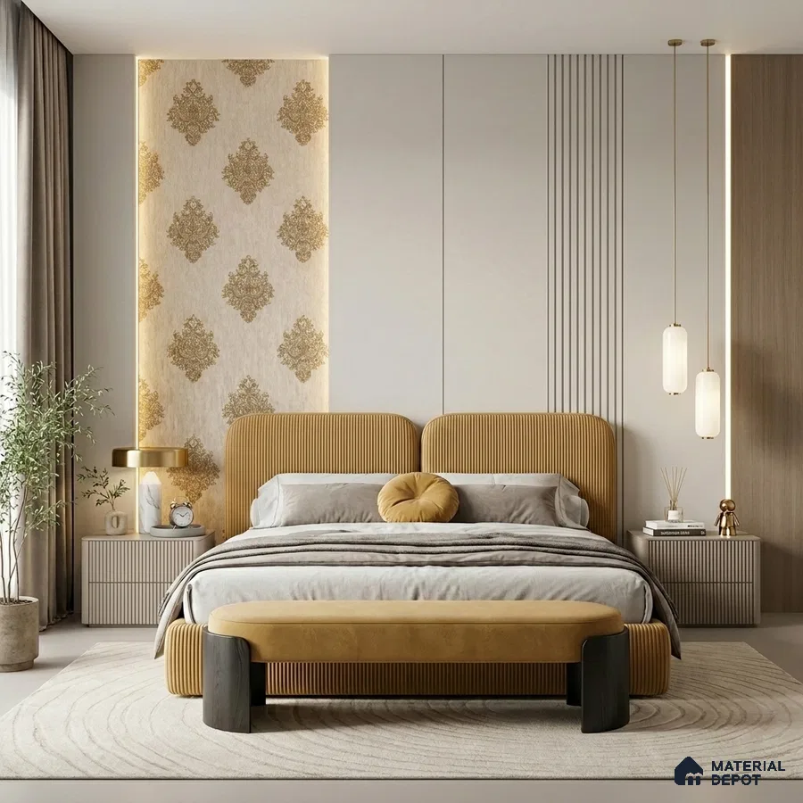 Modern bedroom with gold damask wallpaper, fluted mustard upholstered bed, and neutral wall panels