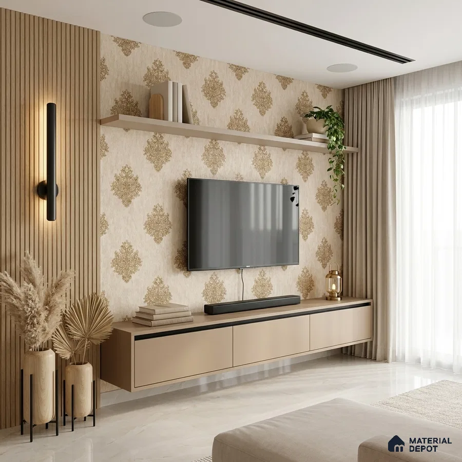 Modern living room with beige patterned wallpaper, fluted wood panels, and glossy marble floor tile TV unit wall